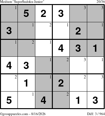 The grouppuzzles.com Medium SuperSudoku-Junior puzzle for Sunday August 16, 2026 with the first 3 steps marked