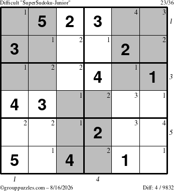 The grouppuzzles.com Difficult SuperSudoku-Junior puzzle for Sunday August 16, 2026, suitable for printing, with all 4 steps marked