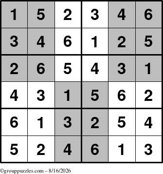 The grouppuzzles.com Answer grid for the SuperSudoku-Junior puzzle for Sunday August 16, 2026