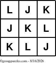 The grouppuzzles.com Answer grid for the TicTac-JKL puzzle for Sunday August 16, 2026