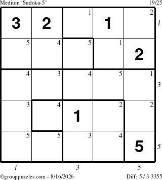 The grouppuzzles.com Medium Sudoku-5 puzzle for Sunday August 16, 2026, suitable for printing, with all 5 steps marked