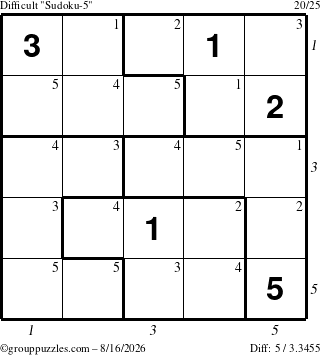 The grouppuzzles.com Difficult Sudoku-5 puzzle for Sunday August 16, 2026, suitable for printing, with all 5 steps marked
