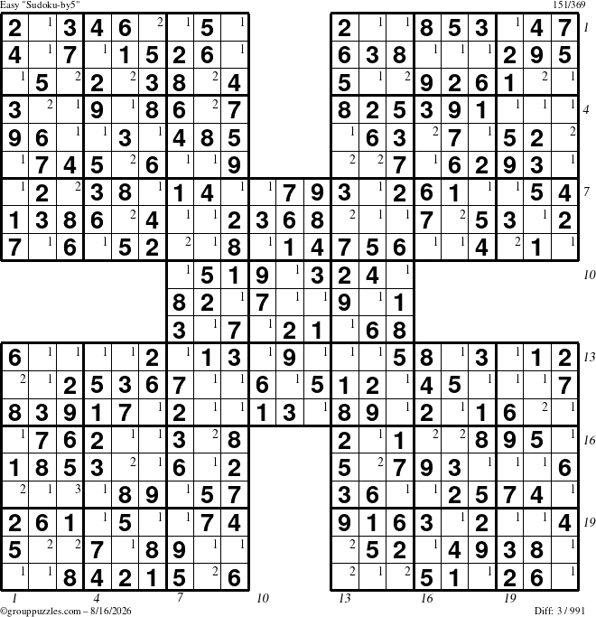 The grouppuzzles.com Easy Sudoku-by5 puzzle for Sunday August 16, 2026, suitable for printing, with all 3 steps marked