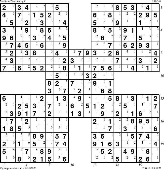 The grouppuzzles.com Medium Sudoku-by5 puzzle for Sunday August 16, 2026, suitable for printing, with all 6 steps marked