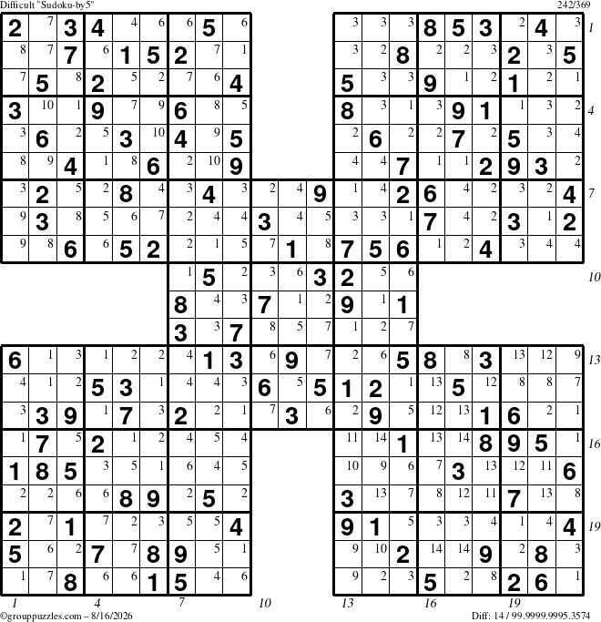 The grouppuzzles.com Difficult Sudoku-by5 puzzle for Sunday August 16, 2026 with all 14 steps marked