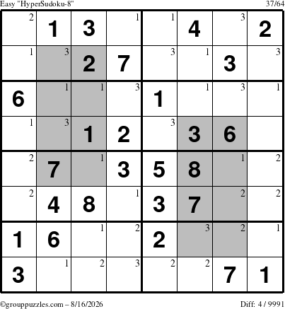 The grouppuzzles.com Easy HyperSudoku-8 puzzle for Sunday August 16, 2026 with the first 3 steps marked