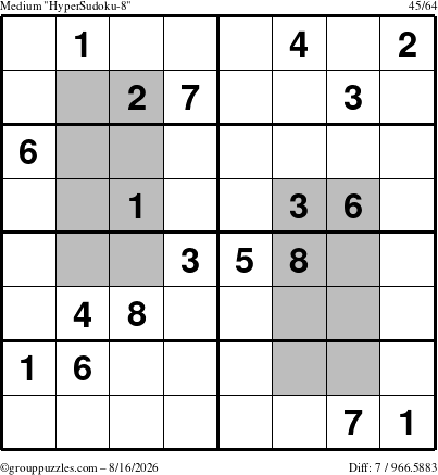 The grouppuzzles.com Medium HyperSudoku-8 puzzle for Sunday August 16, 2026