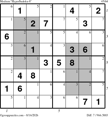 The grouppuzzles.com Medium HyperSudoku-8 puzzle for Sunday August 16, 2026, suitable for printing, with all 7 steps marked