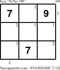 The grouppuzzles.com Easy TicTac-789 puzzle for Sunday August 16, 2026, suitable for printing, with all 2 steps marked