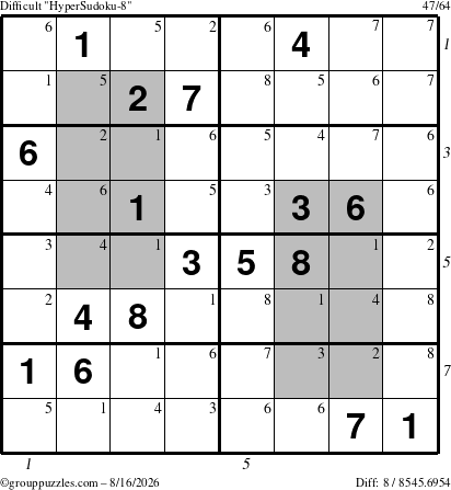 The grouppuzzles.com Difficult HyperSudoku-8 puzzle for Sunday August 16, 2026, suitable for printing, with all 8 steps marked
