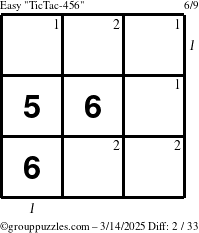 The grouppuzzles.com Easy TicTac-456 puzzle for Friday March 14, 2025, suitable for printing, with all 2 steps marked