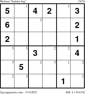 The grouppuzzles.com Medium Sudoku-6up puzzle for Friday March 14, 2025 with the first 3 steps marked