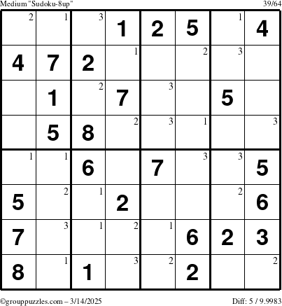 The grouppuzzles.com Medium Sudoku-8up puzzle for Friday March 14, 2025 with the first 3 steps marked