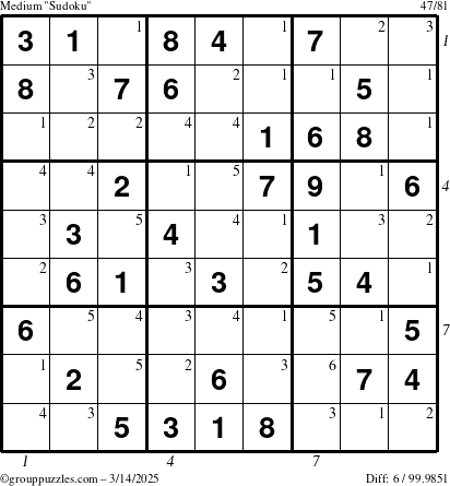 The grouppuzzles.com Medium Sudoku puzzle for Friday March 14, 2025 with all 6 steps marked