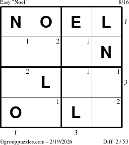 The grouppuzzles.com Easy Noel puzzle for Thursday February 19, 2026, suitable for printing, with all 2 steps marked