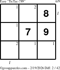 The grouppuzzles.com Easy TicTac-789 puzzle for Thursday February 19, 2026 with all 2 steps marked
