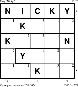 The grouppuzzles.com Easy Nicky puzzle for Thursday February 19, 2026 with all 3 steps marked