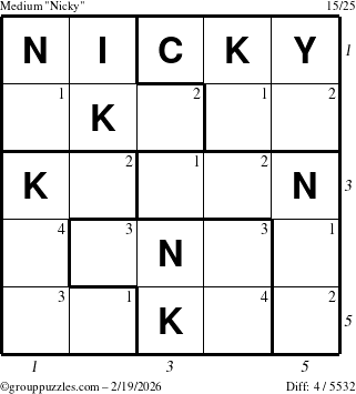 The grouppuzzles.com Medium Nicky puzzle for Thursday February 19, 2026 with all 4 steps marked