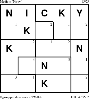 The grouppuzzles.com Medium Nicky puzzle for Thursday February 19, 2026 with the first 3 steps marked