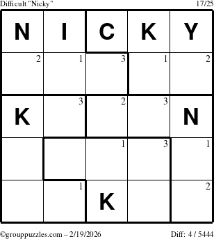 The grouppuzzles.com Difficult Nicky puzzle for Thursday February 19, 2026 with the first 3 steps marked