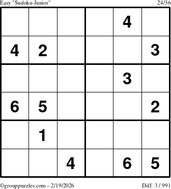 The grouppuzzles.com Easy Sudoku-Junior puzzle for Thursday February 19, 2026
