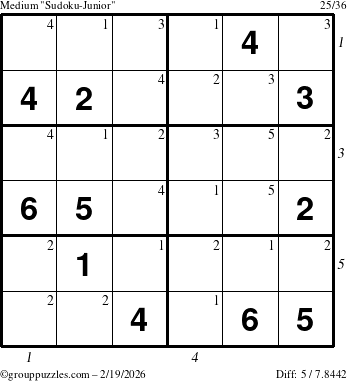 The grouppuzzles.com Medium Sudoku-Junior puzzle for Thursday February 19, 2026, suitable for printing, with all 5 steps marked