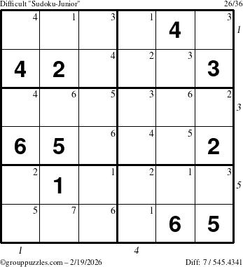 The grouppuzzles.com Difficult Sudoku-Junior puzzle for Thursday February 19, 2026 with all 7 steps marked
