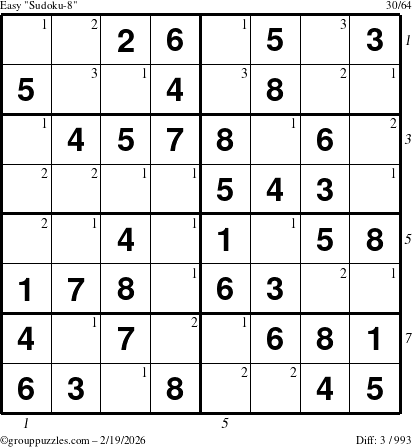The grouppuzzles.com Easy Sudoku-8 puzzle for Thursday February 19, 2026 with all 3 steps marked