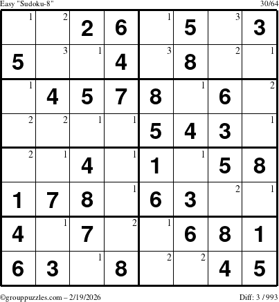 The grouppuzzles.com Easy Sudoku-8 puzzle for Thursday February 19, 2026 with the first 3 steps marked