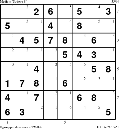The grouppuzzles.com Medium Sudoku-8 puzzle for Thursday February 19, 2026 with all 6 steps marked