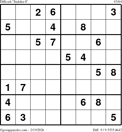 The grouppuzzles.com Difficult Sudoku-8 puzzle for Thursday February 19, 2026