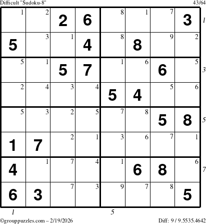 The grouppuzzles.com Difficult Sudoku-8 puzzle for Thursday February 19, 2026 with all 9 steps marked