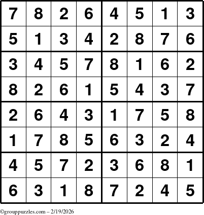 The grouppuzzles.com Answer grid for the Sudoku-8 puzzle for Thursday February 19, 2026