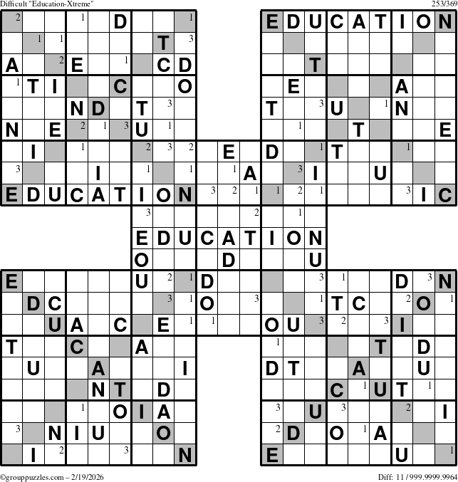 The grouppuzzles.com Difficult Education-Xtreme puzzle for Thursday February 19, 2026 with the first 3 steps marked