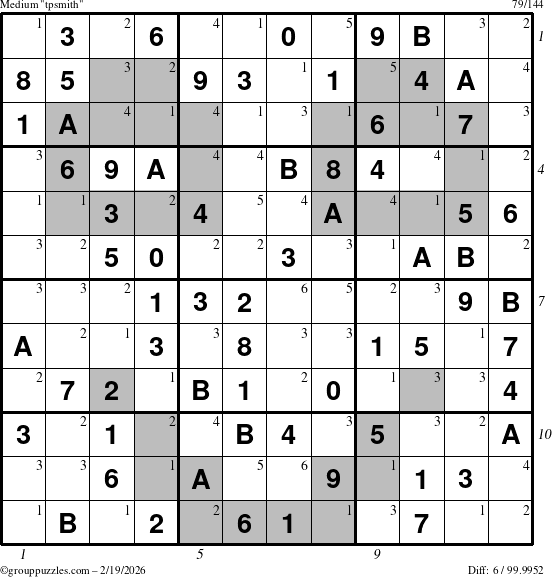 The grouppuzzles.com Medium tpsmith puzzle for Thursday February 19, 2026, suitable for printing, with all 6 steps marked