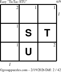 The grouppuzzles.com Easy TicTac-STU puzzle for Thursday February 19, 2026, suitable for printing, with all 2 steps marked