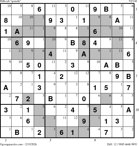 The grouppuzzles.com Difficult tpsmith puzzle for Thursday February 19, 2026, suitable for printing, with all 12 steps marked