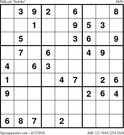 The grouppuzzles.com Difficult Sudoku puzzle for Friday April 12, 2024