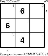 The grouppuzzles.com Easy TicTac-456 puzzle for Friday August 22, 2025 with all 2 steps marked