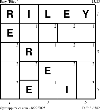 The grouppuzzles.com Easy Riley puzzle for Friday August 22, 2025 with all 3 steps marked