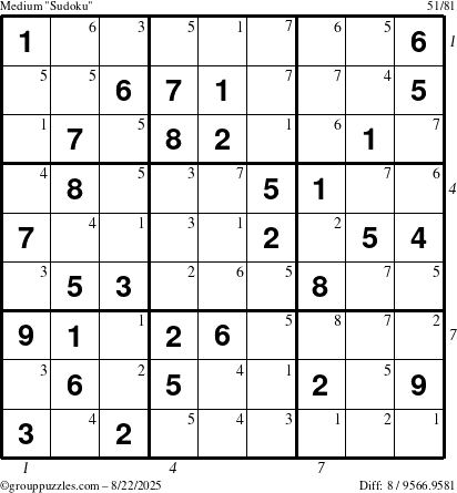 The grouppuzzles.com Medium Sudoku puzzle for Friday August 22, 2025, suitable for printing, with all 8 steps marked