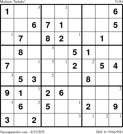 The grouppuzzles.com Medium Sudoku puzzle for Friday August 22, 2025 with the first 3 steps marked