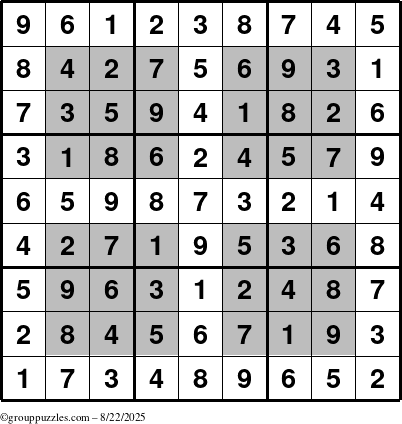 The grouppuzzles.com Answer grid for the HyperSudoku puzzle for Friday August 22, 2025