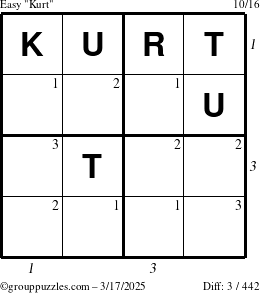 The grouppuzzles.com Easy Kurt puzzle for Monday March 17, 2025 with all 3 steps marked