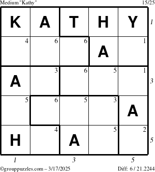 The grouppuzzles.com Medium Kathy puzzle for Monday March 17, 2025 with all 6 steps marked