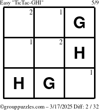 The grouppuzzles.com Easy TicTac-GHI puzzle for Monday March 17, 2025 with the first 2 steps marked