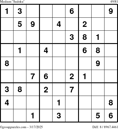 The grouppuzzles.com Medium Sudoku puzzle for Monday March 17, 2025
