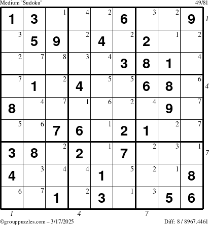The grouppuzzles.com Medium Sudoku puzzle for Monday March 17, 2025 with all 8 steps marked