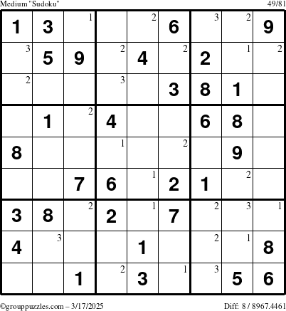 The grouppuzzles.com Medium Sudoku puzzle for Monday March 17, 2025 with the first 3 steps marked