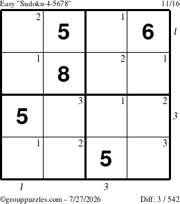 The grouppuzzles.com Easy Sudoku-4-5678 puzzle for Monday July 27, 2026, suitable for printing, with all 3 steps marked